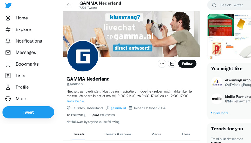 Contact met GAMMA via Twitter
