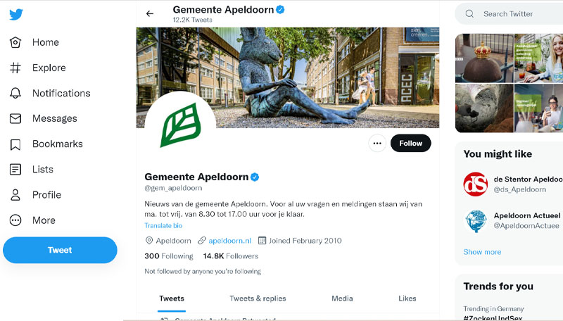 Contact Gemeente Apeldoorn via Twitter
