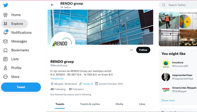 Contact met RENDO Netwerken via Twitter
